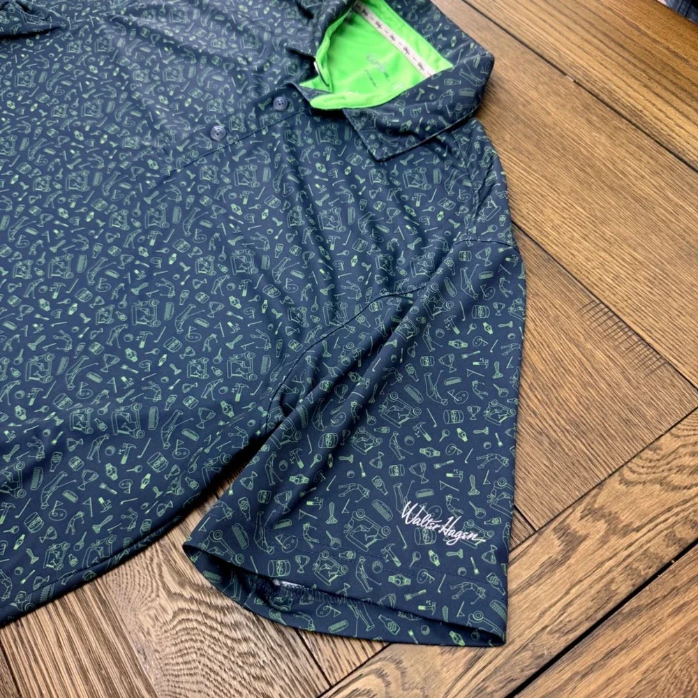 Walter Hagen Mens Navy Blue Lime Green Novelty Golf Print Polo Shirt Large